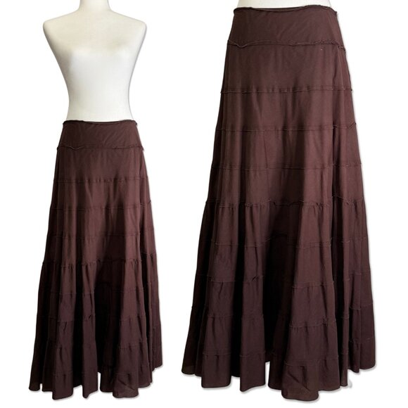 Romantic i.Ng Long Brown Tiered Cotton Maxi Skirt Size L - Picture 1 of 5